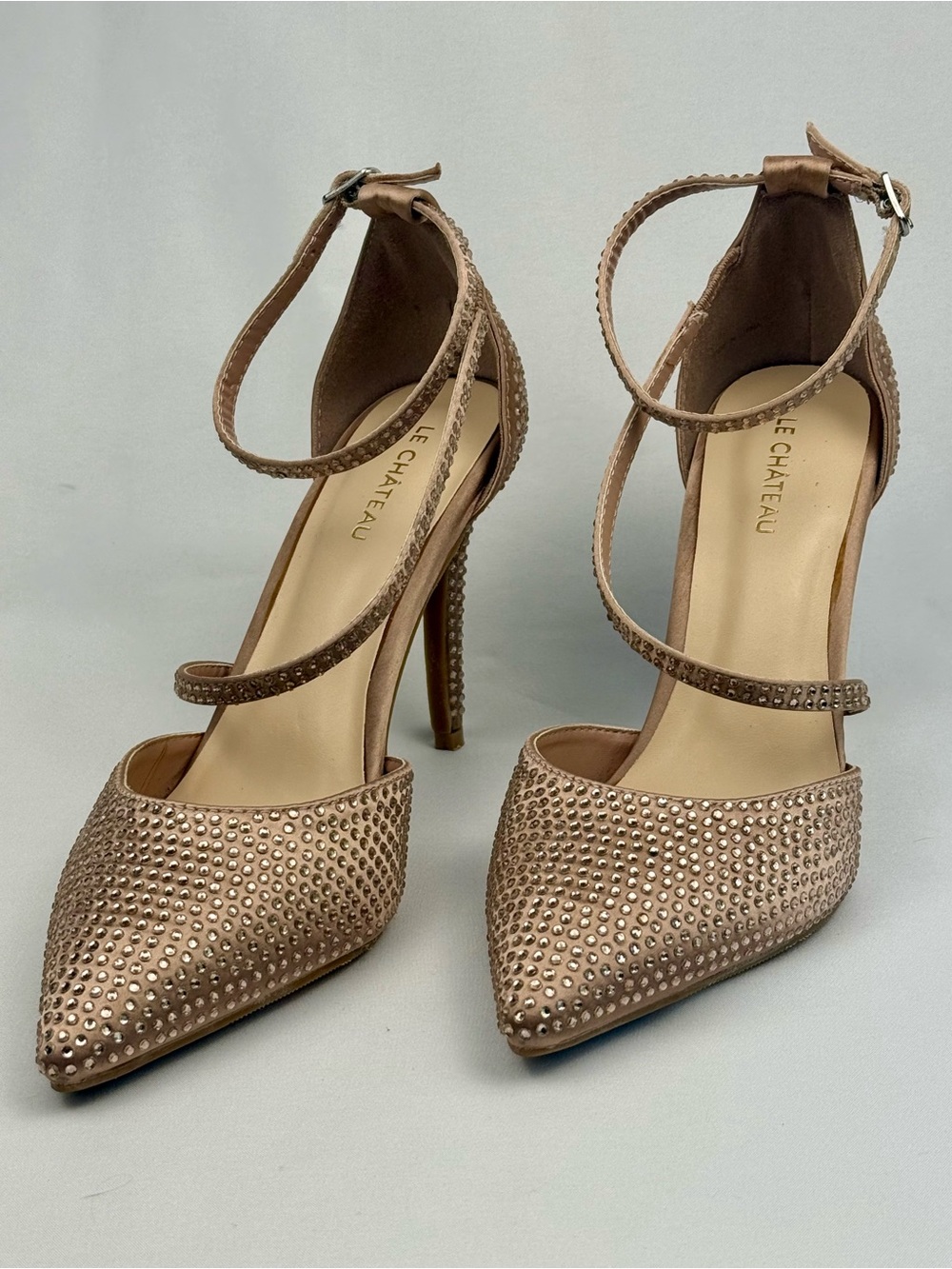 le chateau Rose Gold Studded Pointed-Toe Ankle-Strap Heels